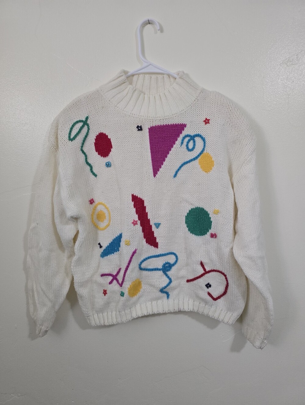 Jamie Scott 80s Novelty Sweater White Colorful Abstract Shapes Size L